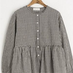 Gingham Button-Front Smock Top - Black & White